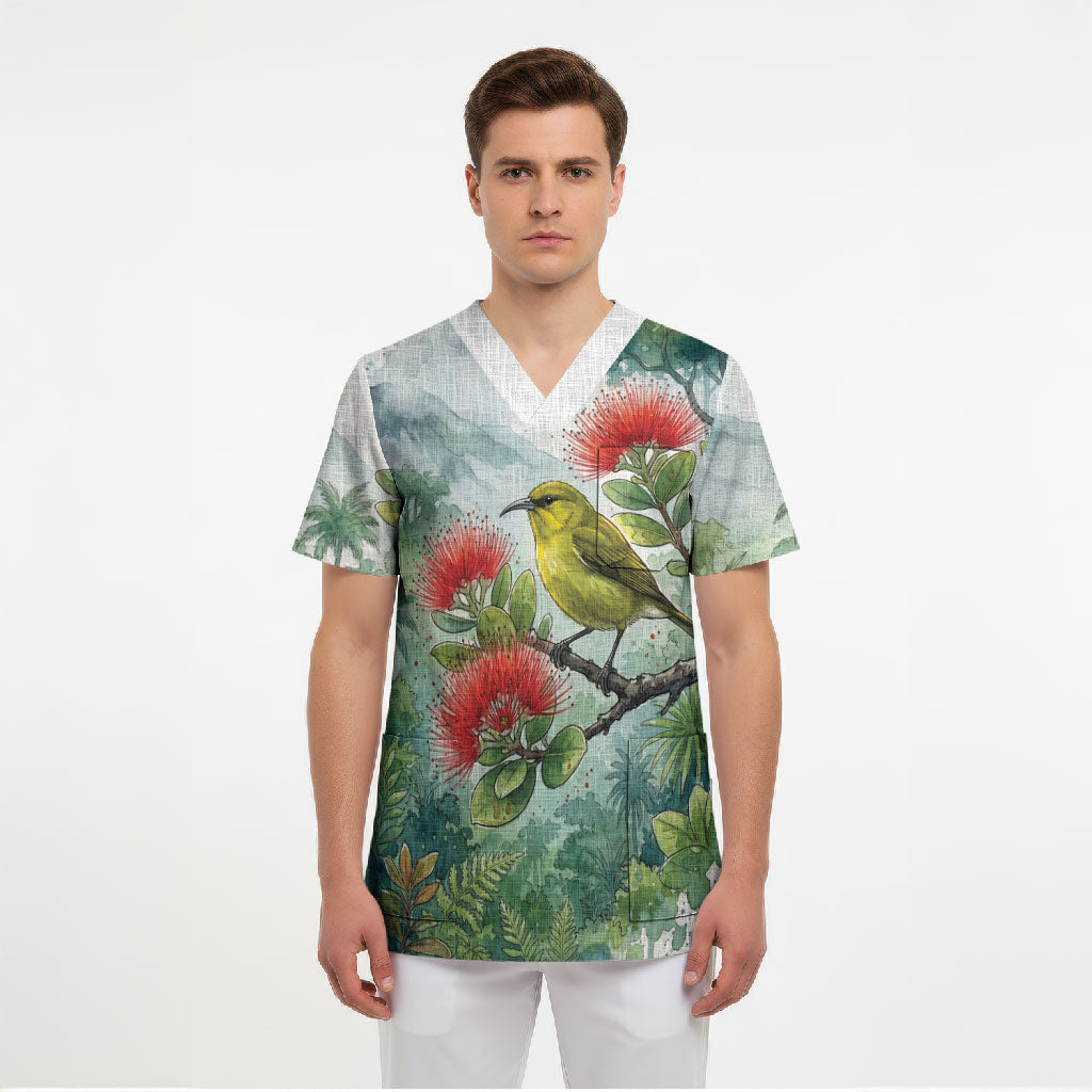 Aloha Hawaii Amakihi Ohia Lehua Watercolor Scrub Top