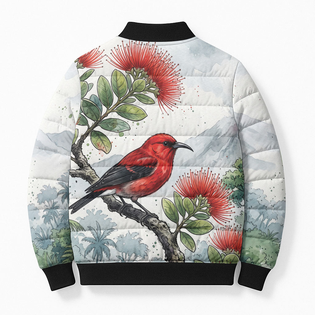 Aloha Hawaii Apapane Ohia Lehua Watercolor Bomber Puffer Jacket LT14 - Polynesian Pride