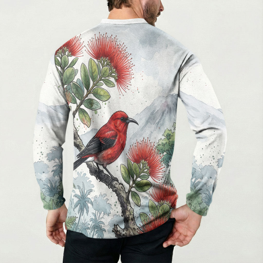 Aloha Hawaii Apapane Ohia Lehua Watercolor Button Sweatshirt LT14 - Polynesian Pride