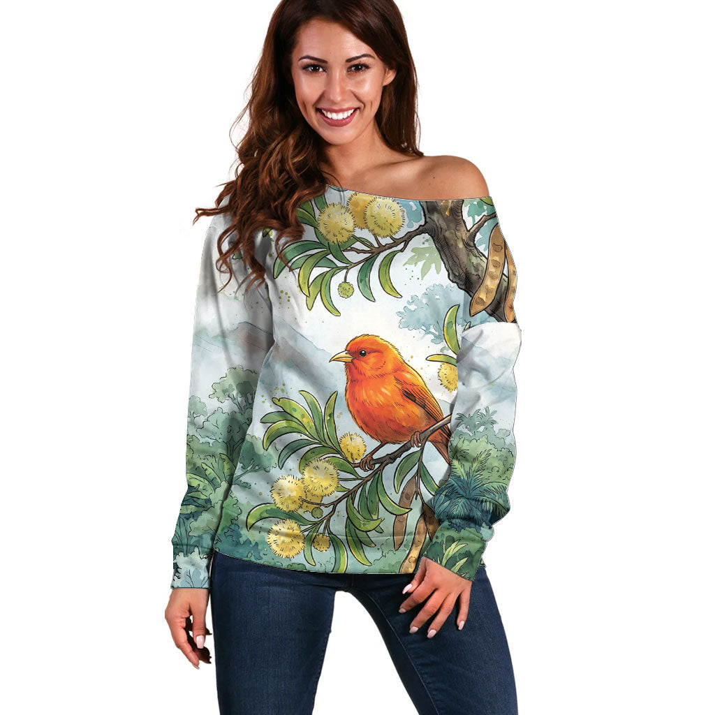 Aloha Hawaii Akepa Koa Tree Watercolor Off Shoulder Sweater