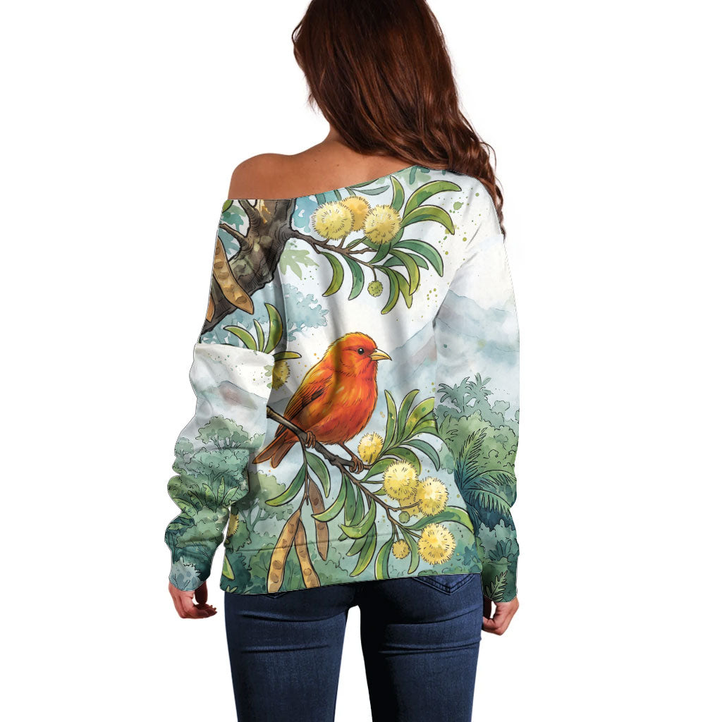 Aloha Hawaii Akepa Koa Tree Watercolor Off Shoulder Sweater