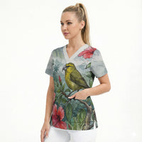 Aloha Hawaii Maui Parrotbill Hibiscus Watercolor Scrub Top LT14 - Polynesian Pride