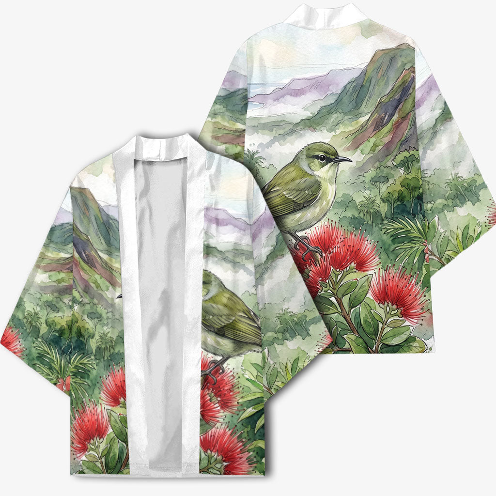 Aloha Hawaii Creeper Ohia Lehua Watercolor Kimono LT14 - Polynesian Pride