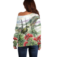 Aloha Hawaii Creeper Ohia Lehua Watercolor Off Shoulder Sweater