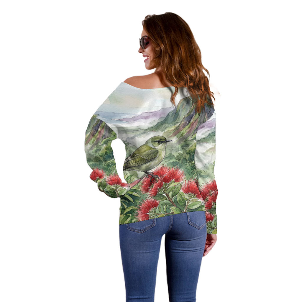 Aloha Hawaii Creeper Ohia Lehua Watercolor Off Shoulder Sweater