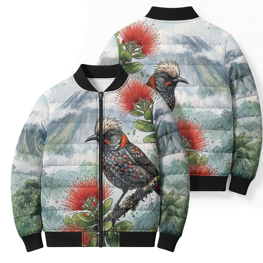 Aloha Hawaii Akohekohe Ohia Lehua Watercolor Bomber Puffer Jacket LT14 - Polynesian Pride