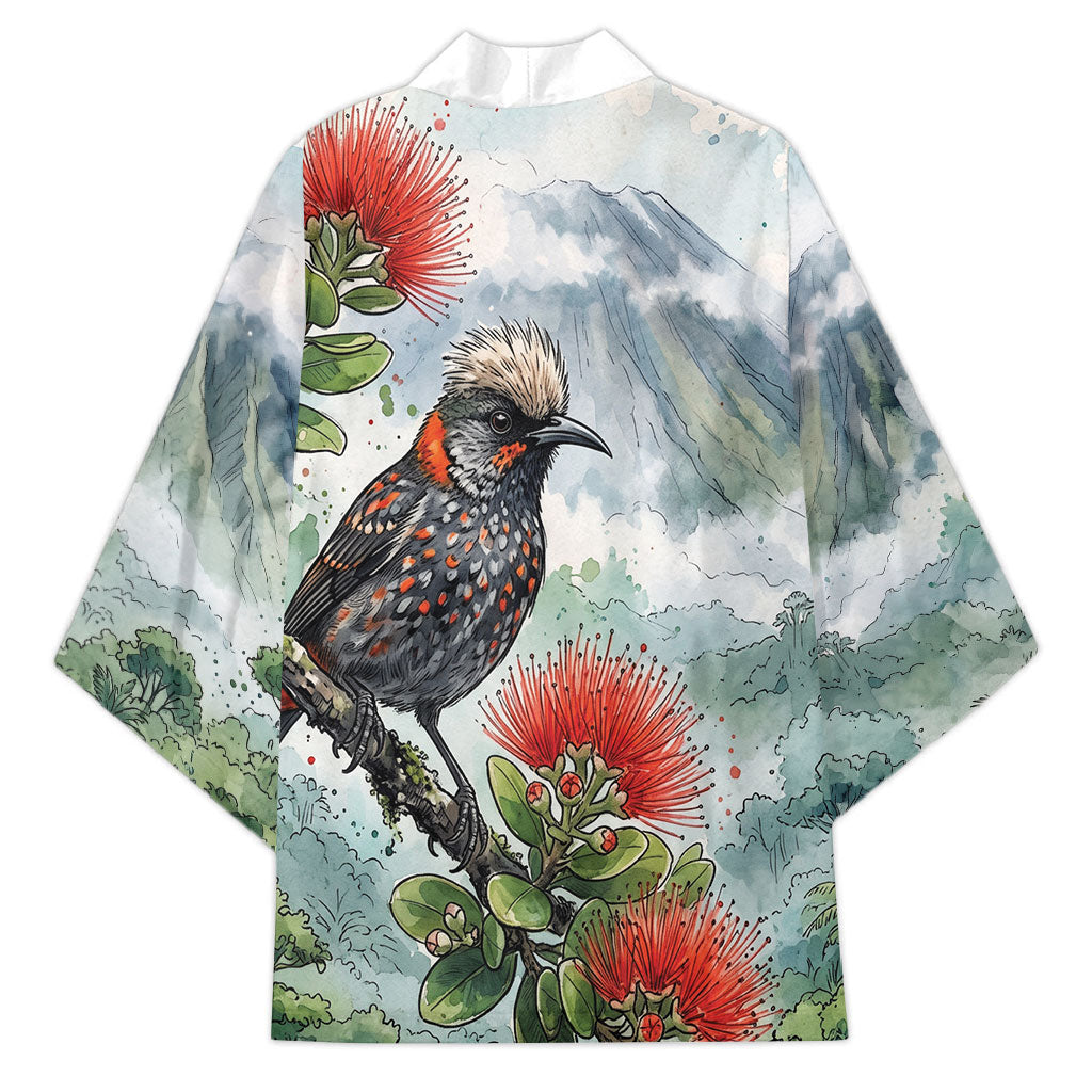 Aloha Hawaii Akohekohe Ohia Lehua Watercolor Kimono