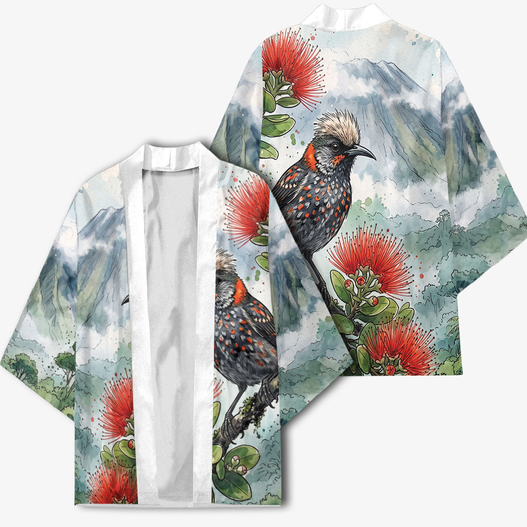 Aloha Hawaii Akohekohe Ohia Lehua Watercolor Kimono