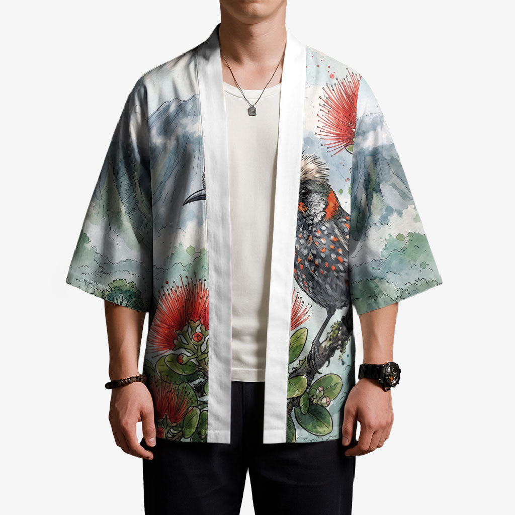 Aloha Hawaii Akohekohe Ohia Lehua Watercolor Kimono