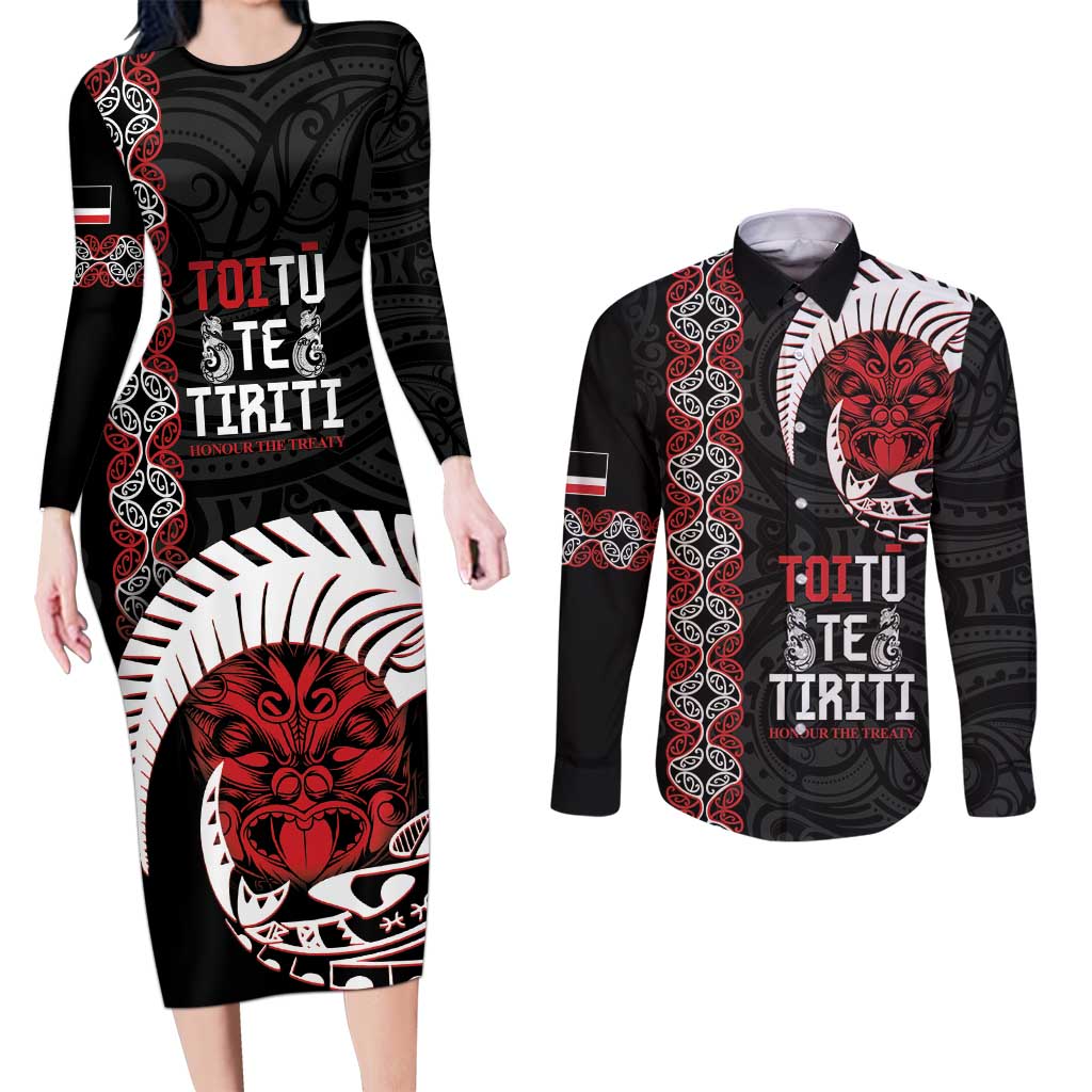 Aotearoa Toitu Te Tiriti Couples Matching Long Sleeve Bodycon Dress and Long Sleeve Button Shirt Honour The Treaty Maori Haka LT14 Black - Polynesian Pride