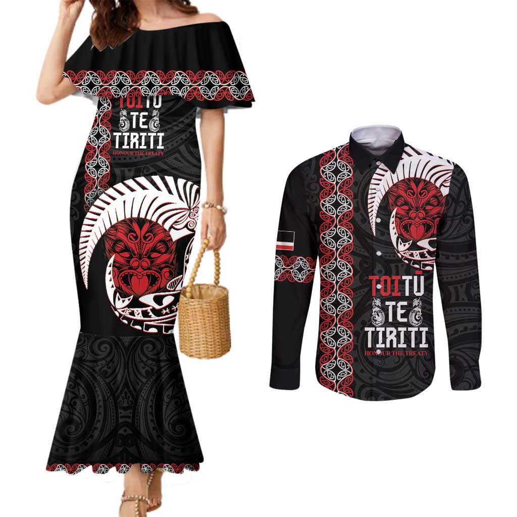 Aotearoa Toitu Te Tiriti Couples Matching Mermaid Dress and Long Sleeve Button Shirt Honour The Treaty Maori Haka LT14 Black - Polynesian Pride