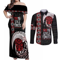 Aotearoa Toitu Te Tiriti Couples Matching Off Shoulder Maxi Dress and Long Sleeve Button Shirt Honour The Treaty Maori Haka LT14 Black - Polynesian Pride