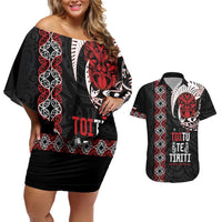 Aotearoa Toitu Te Tiriti Couples Matching Off Shoulder Short Dress and Hawaiian Shirt Honour The Treaty Maori Haka LT14 Black - Polynesian Pride