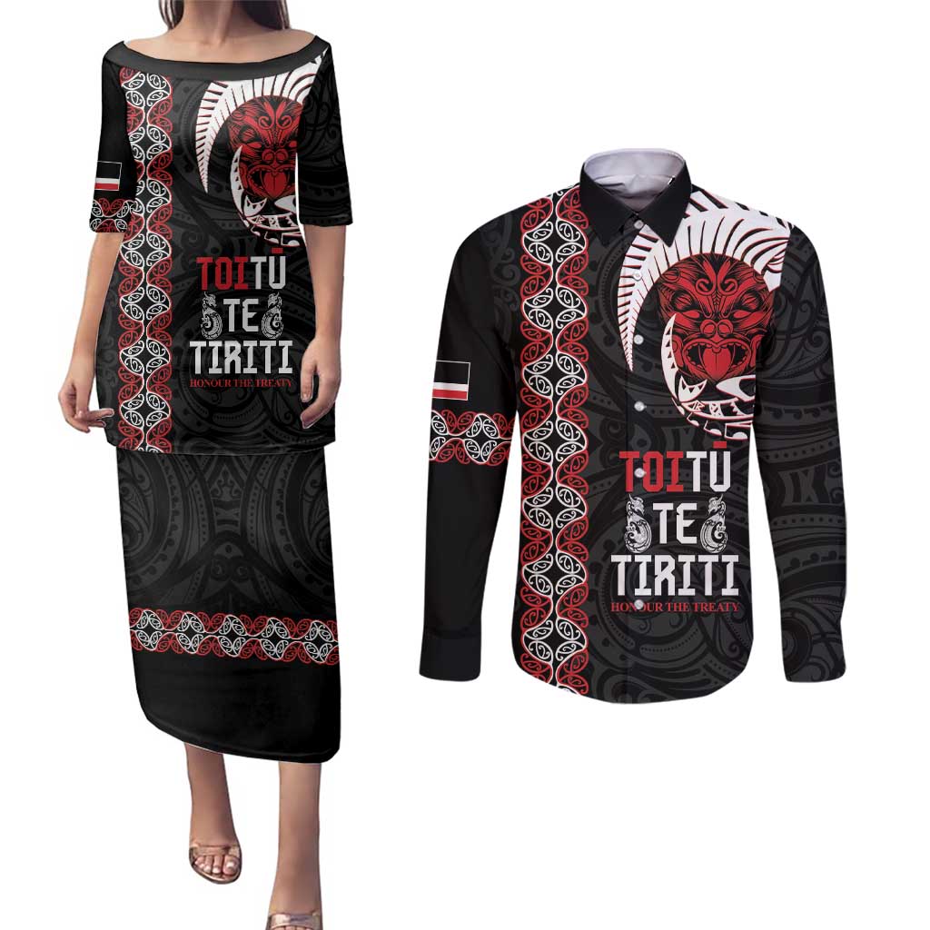 Aotearoa Toitu Te Tiriti Couples Matching Puletasi and Long Sleeve Button Shirt Honour The Treaty Maori Haka LT14 Black - Polynesian Pride