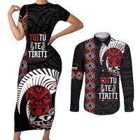 Aotearoa Toitu Te Tiriti Couples Matching Short Sleeve Bodycon Dress and Long Sleeve Button Shirt Honour The Treaty Maori Haka LT14 Black - Polynesian Pride