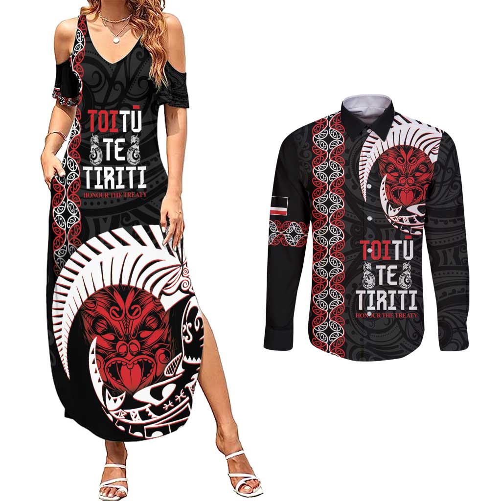 Aotearoa Toitu Te Tiriti Couples Matching Summer Maxi Dress and Long Sleeve Button Shirt Honour The Treaty Maori Haka LT14 Black - Polynesian Pride