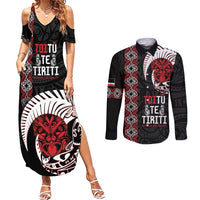 Aotearoa Toitu Te Tiriti Couples Matching Summer Maxi Dress and Long Sleeve Button Shirt Honour The Treaty Maori Haka LT14 Black - Polynesian Pride
