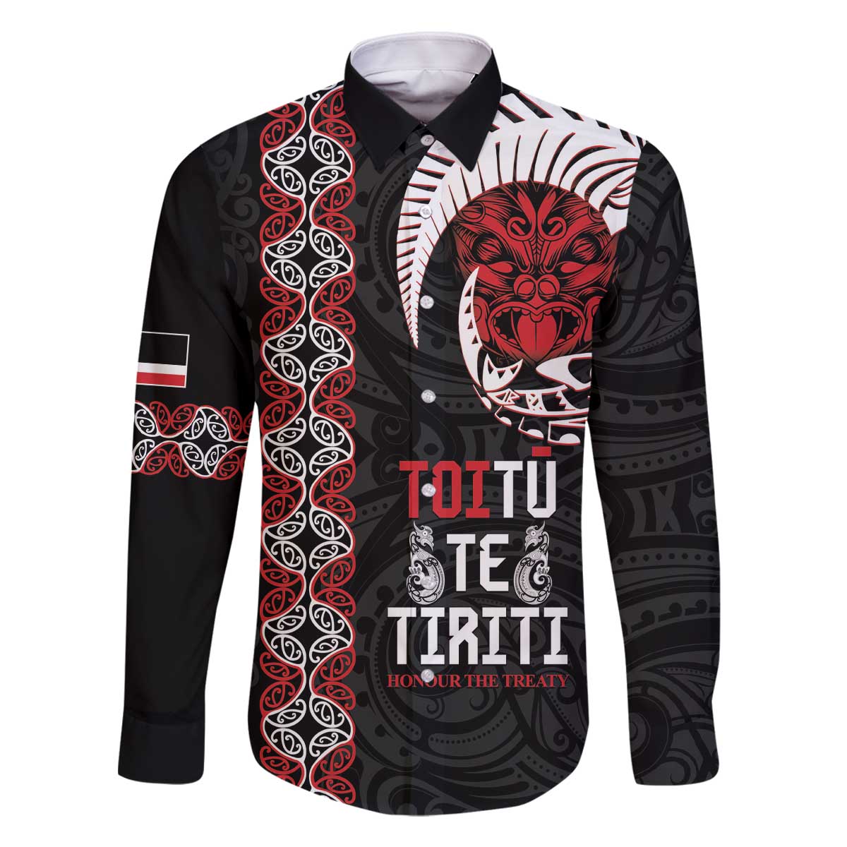Aotearoa Toitu Te Tiriti Family Matching Off The Shoulder Long Sleeve Dress and Hawaiian Shirt Honour The Treaty Maori Haka LT14 Dad's Shirt - Long Sleeve Black - Polynesian Pride