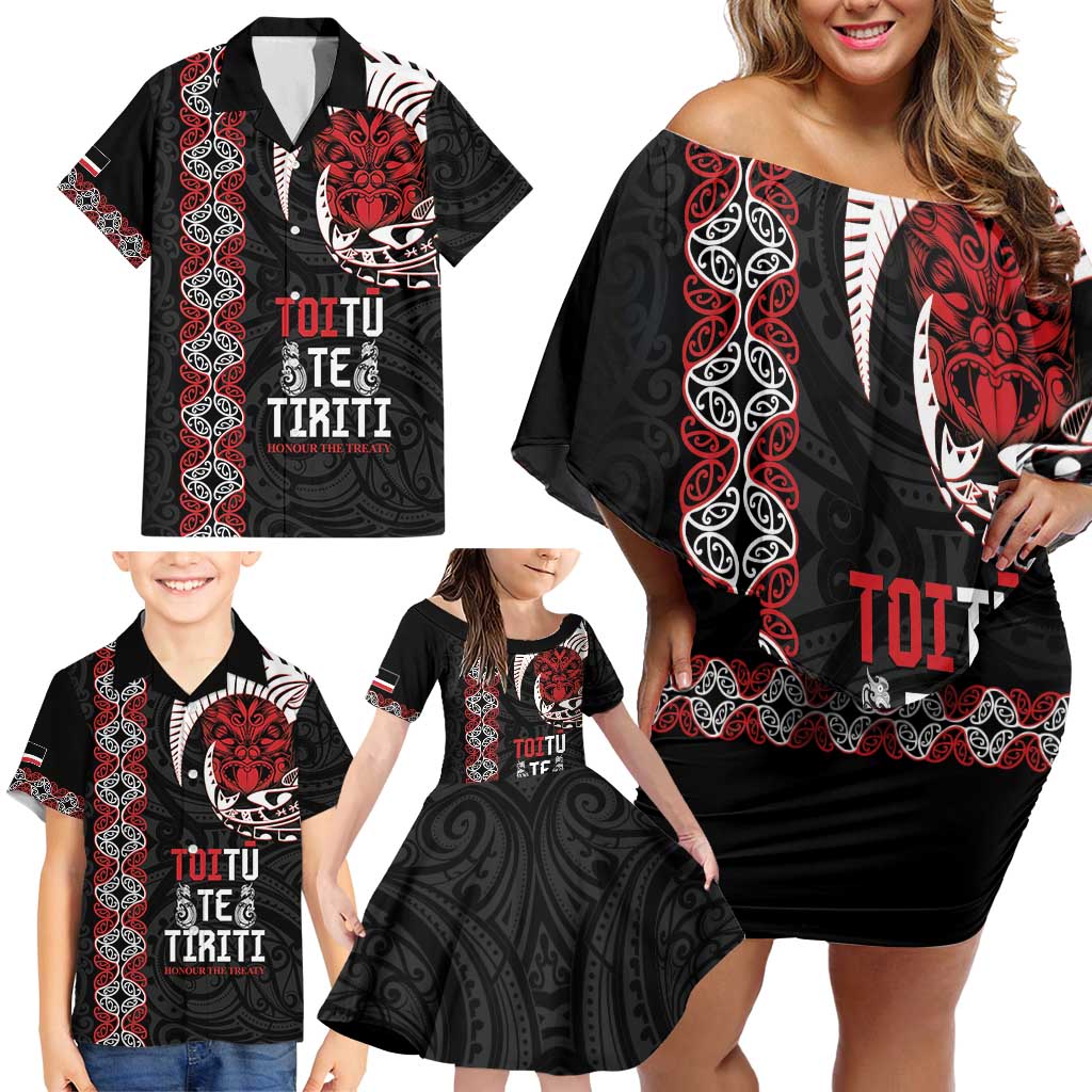 Aotearoa Toitu Te Tiriti Family Matching Off Shoulder Short Dress and Hawaiian Shirt Honour The Treaty Maori Haka LT14 - Polynesian Pride