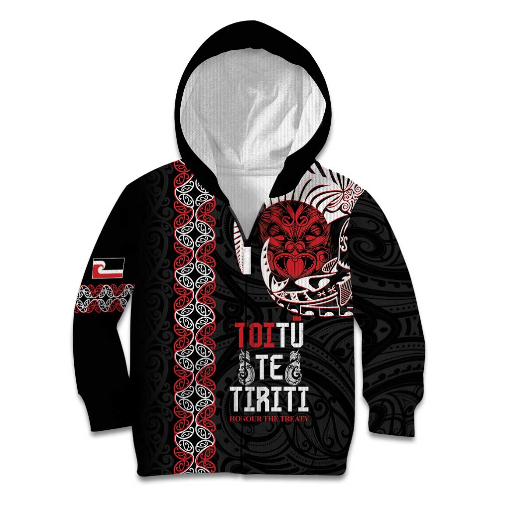 Aotearoa Toitu Te Tiriti Kid Hoodie Honour The Treaty Maori Haka LT14 Zip Hoodie Black - Polynesian Pride