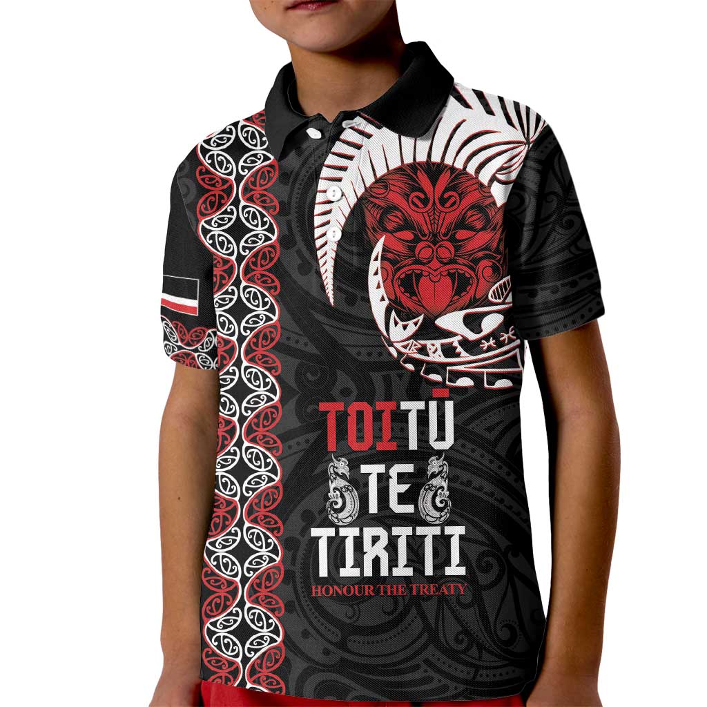 Aotearoa Toitu Te Tiriti Kid Polo Shirt Honour The Treaty Maori Haka LT14 Kid Black - Polynesian Pride