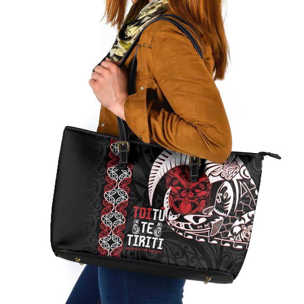 Aotearoa Toitu Te Tiriti Leather Tote Bag Honour The Treaty Maori Haka LT14 Black - Polynesian Pride