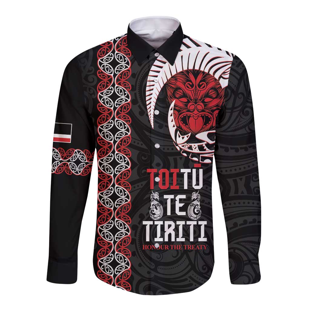 Aotearoa Toitu Te Tiriti Long Sleeve Button Shirt Honour The Treaty Maori Haka LT14 Unisex Black - Polynesian Pride