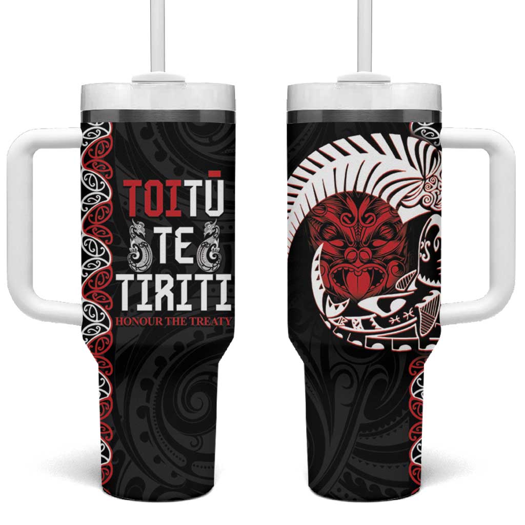 Aotearoa Toitu Te Tiriti Tumbler With Handle Honour The Treaty Maori Haka LT14 One Size: 40 oz Black - Polynesian Pride