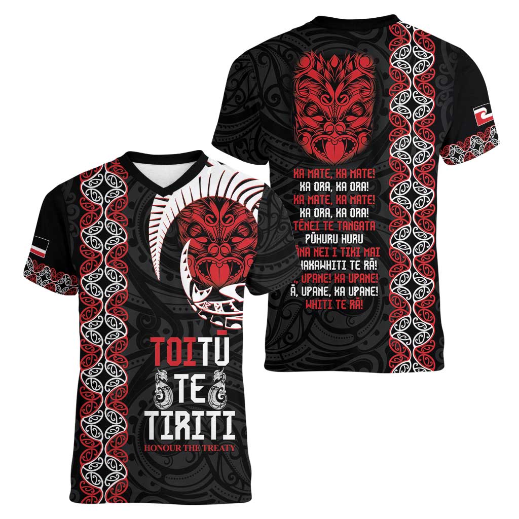 Aotearoa Toitu Te Tiriti Women V-Neck T-Shirt Honour The Treaty Maori Haka LT14 - Polynesian Pride