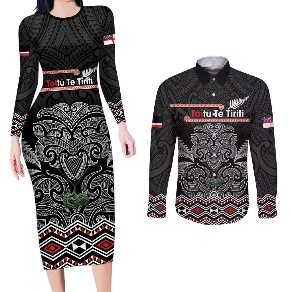Aotearoa Toitu Te Tiriti Couples Matching Long Sleeve Bodycon Dress and Long Sleeve Button Shirt Stand Together! Stand Stronger! - NZ Tiki LT14 Black - Polynesian Pride