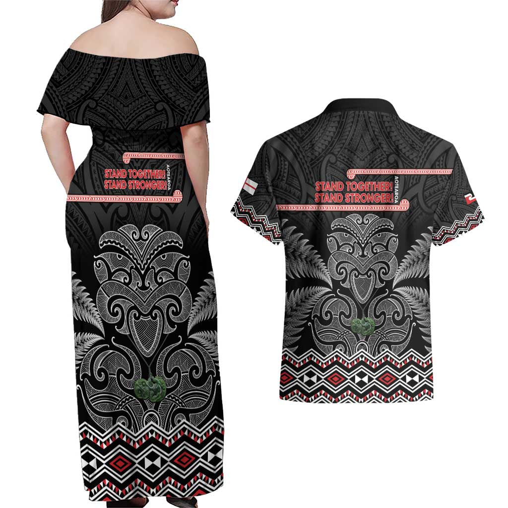 Aotearoa Toitu Te Tiriti Couples Matching Off Shoulder Maxi Dress and Hawaiian Shirt Stand Together! Stand Stronger! - NZ Tiki LT14 - Polynesian Pride