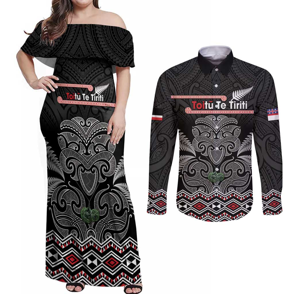 Aotearoa Toitu Te Tiriti Couples Matching Off Shoulder Maxi Dress and Long Sleeve Button Shirt Stand Together! Stand Stronger! - NZ Tiki LT14 Black - Polynesian Pride