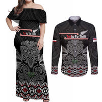 Aotearoa Toitu Te Tiriti Couples Matching Off Shoulder Maxi Dress and Long Sleeve Button Shirt Stand Together! Stand Stronger! - NZ Tiki LT14 Black - Polynesian Pride