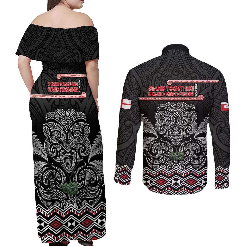 Aotearoa Toitu Te Tiriti Couples Matching Off Shoulder Maxi Dress and Long Sleeve Button Shirt Stand Together! Stand Stronger! - NZ Tiki LT14 - Polynesian Pride