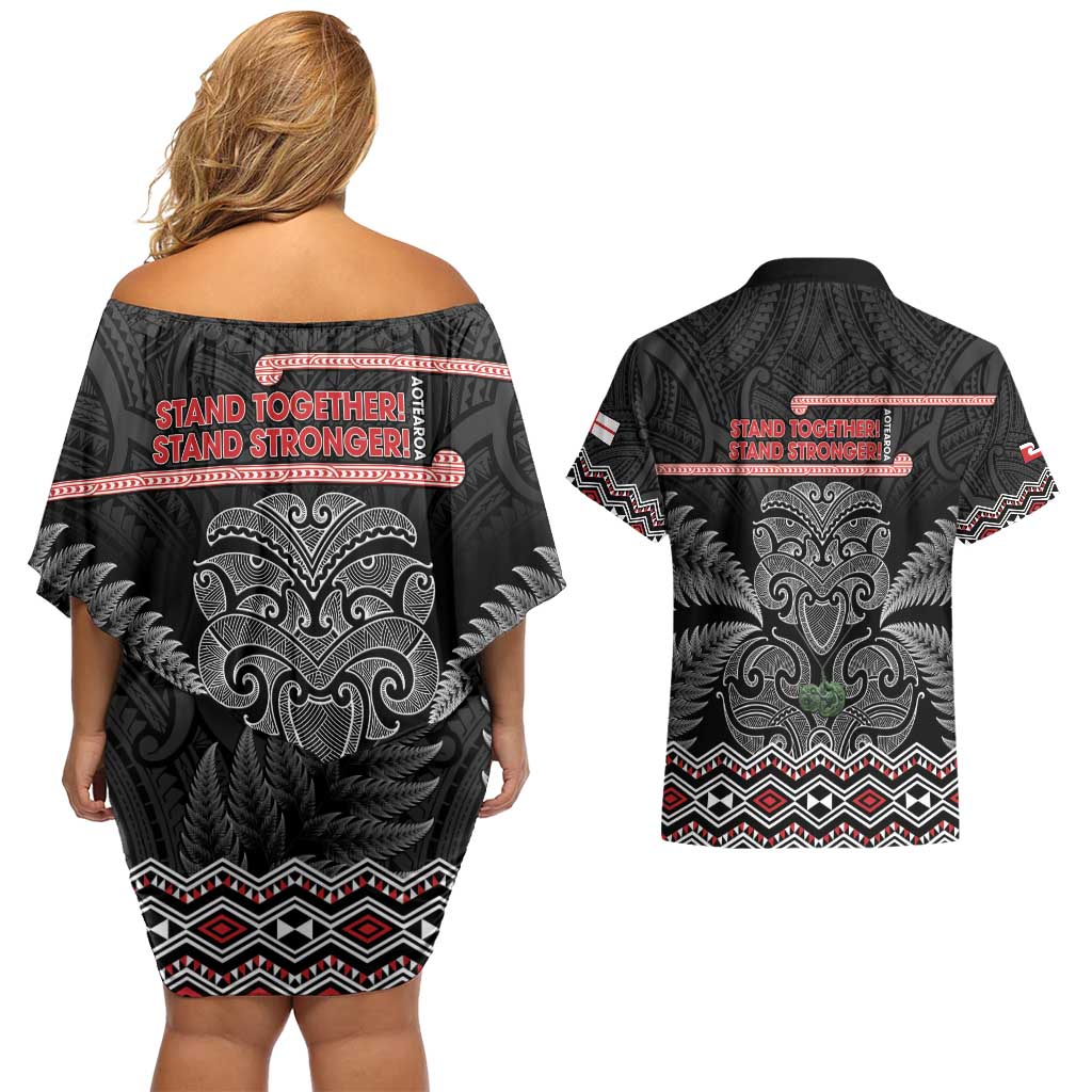 Aotearoa Toitu Te Tiriti Couples Matching Off Shoulder Short Dress and Hawaiian Shirt Stand Together! Stand Stronger! - NZ Tiki LT14 - Polynesian Pride