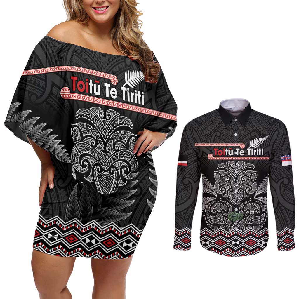 Aotearoa Toitu Te Tiriti Couples Matching Off Shoulder Short Dress and Long Sleeve Button Shirt Stand Together! Stand Stronger! - NZ Tiki LT14 Black - Polynesian Pride