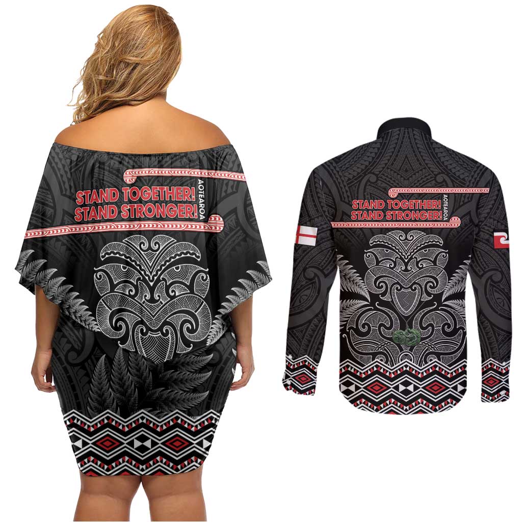 Aotearoa Toitu Te Tiriti Couples Matching Off Shoulder Short Dress and Long Sleeve Button Shirt Stand Together! Stand Stronger! - NZ Tiki LT14 - Polynesian Pride
