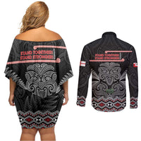 Aotearoa Toitu Te Tiriti Couples Matching Off Shoulder Short Dress and Long Sleeve Button Shirt Stand Together! Stand Stronger! - NZ Tiki LT14 - Polynesian Pride