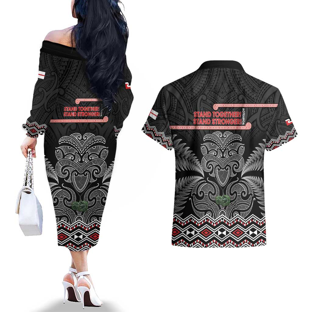 Aotearoa Toitu Te Tiriti Couples Matching Off The Shoulder Long Sleeve Dress and Hawaiian Shirt Stand Together! Stand Stronger! - NZ Tiki LT14 - Polynesian Pride