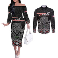 Aotearoa Toitu Te Tiriti Couples Matching Off The Shoulder Long Sleeve Dress and Long Sleeve Button Shirt Stand Together! Stand Stronger! - NZ Tiki LT14 Black - Polynesian Pride