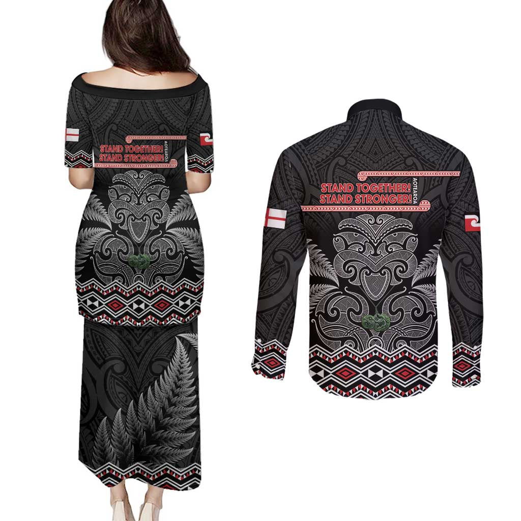 Aotearoa Toitu Te Tiriti Couples Matching Puletasi and Long Sleeve Button Shirt Stand Together! Stand Stronger! - NZ Tiki LT14 - Polynesian Pride