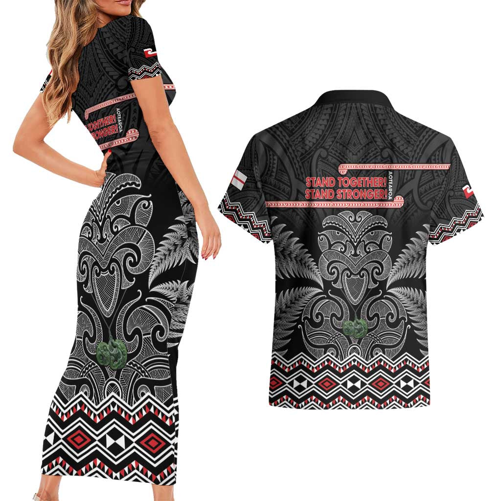 Aotearoa Toitu Te Tiriti Couples Matching Short Sleeve Bodycon Dress and Hawaiian Shirt Stand Together! Stand Stronger! - NZ Tiki LT14 - Polynesian Pride