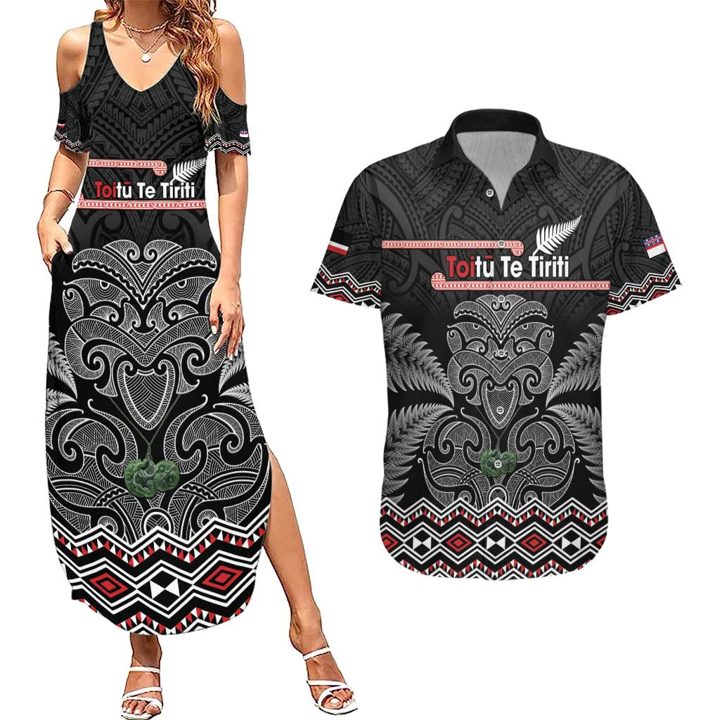 Aotearoa Toitu Te Tiriti Couples Matching Summer Maxi Dress and Hawaiian Shirt Stand Together! Stand Stronger! - NZ Tiki LT14 Black - Polynesian Pride