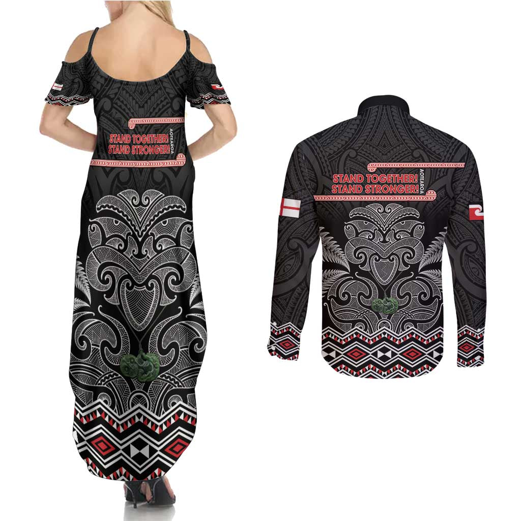 Aotearoa Toitu Te Tiriti Couples Matching Summer Maxi Dress and Long Sleeve Button Shirt Stand Together! Stand Stronger! - NZ Tiki LT14 - Polynesian Pride