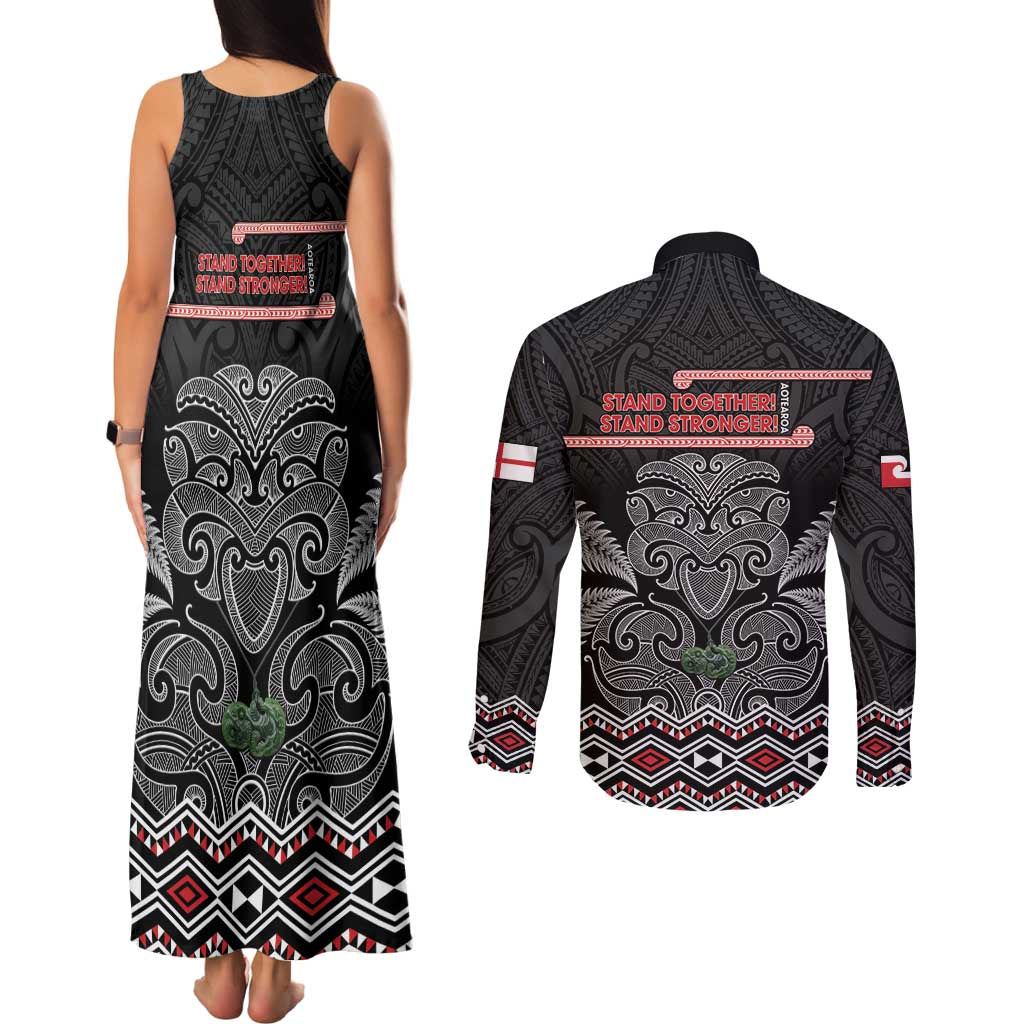 Aotearoa Toitu Te Tiriti Couples Matching Tank Maxi Dress and Long Sleeve Button Shirt Stand Together! Stand Stronger! - NZ Tiki LT14 - Polynesian Pride