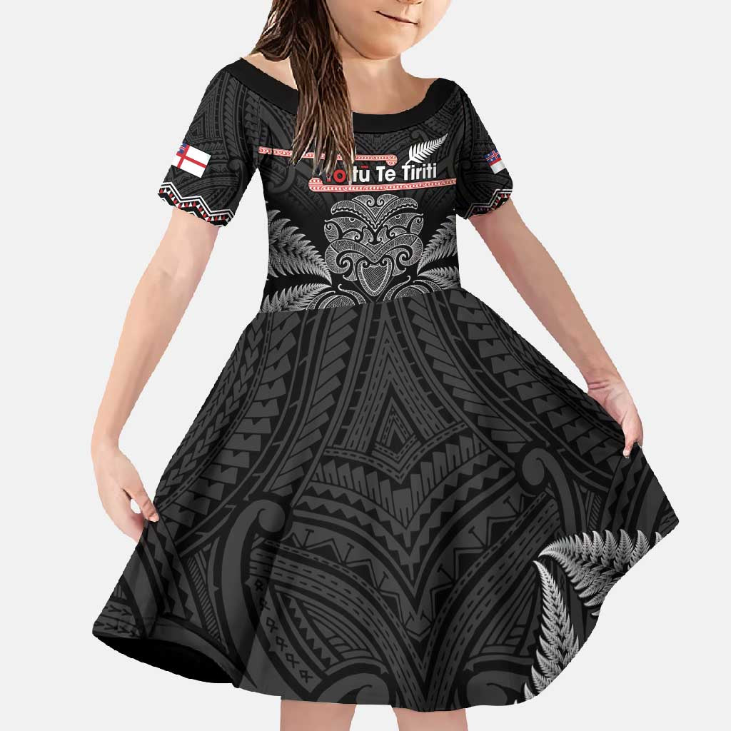 Aotearoa Toitu Te Tiriti Family Matching Off Shoulder Maxi Dress and Hawaiian Shirt Stand Together! Stand Stronger! - NZ Tiki LT14 Daughter's Dress Black - Polynesian Pride