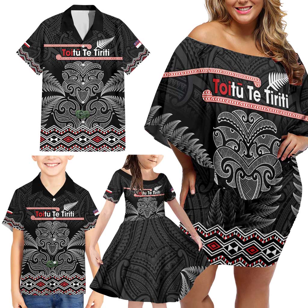 Aotearoa Toitu Te Tiriti Family Matching Off Shoulder Short Dress and Hawaiian Shirt Stand Together! Stand Stronger! - NZ Tiki LT14 - Polynesian Pride
