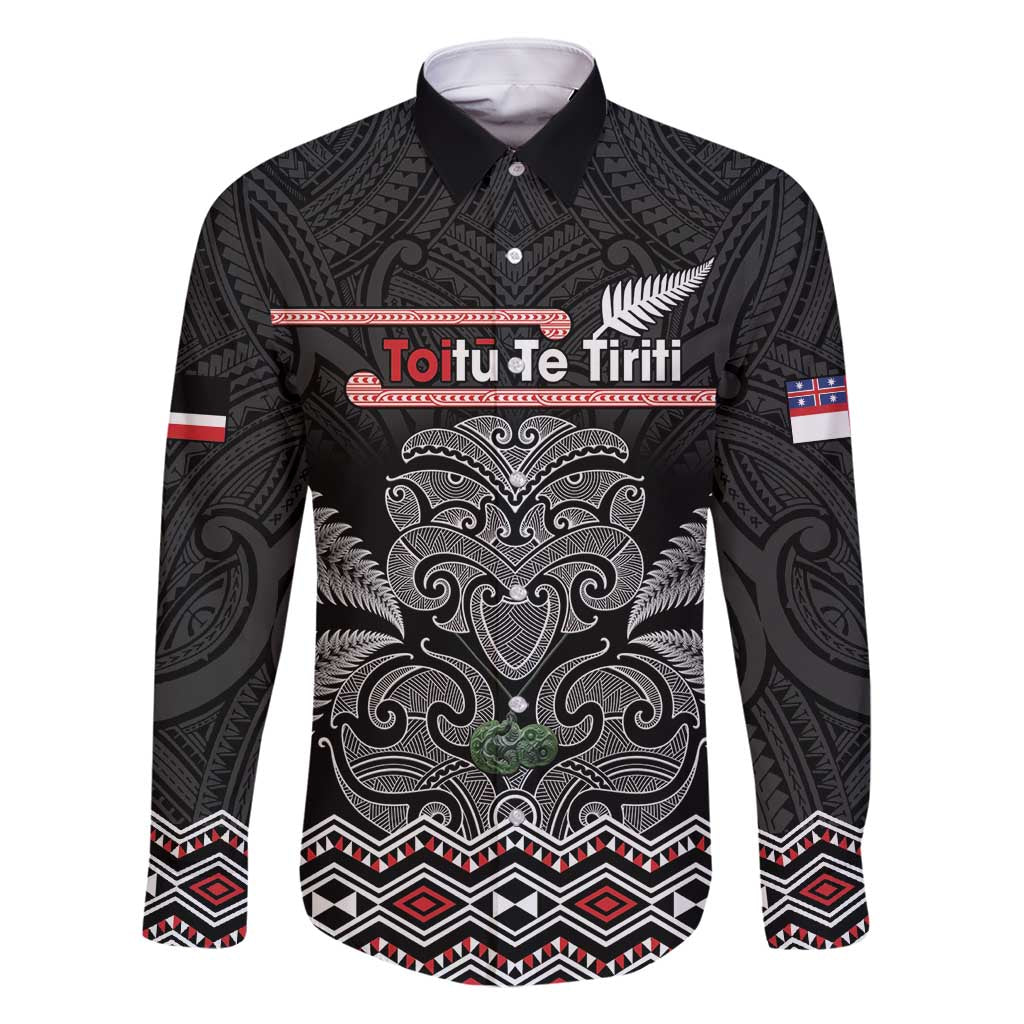 Aotearoa Toitu Te Tiriti Family Matching Off Shoulder Short Dress and Hawaiian Shirt Stand Together! Stand Stronger! - NZ Tiki LT14 Dad's Shirt - Long Sleeve Black - Polynesian Pride