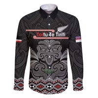 Aotearoa Toitu Te Tiriti Family Matching Off Shoulder Short Dress and Hawaiian Shirt Stand Together! Stand Stronger! - NZ Tiki LT14 Dad's Shirt - Long Sleeve Black - Polynesian Pride