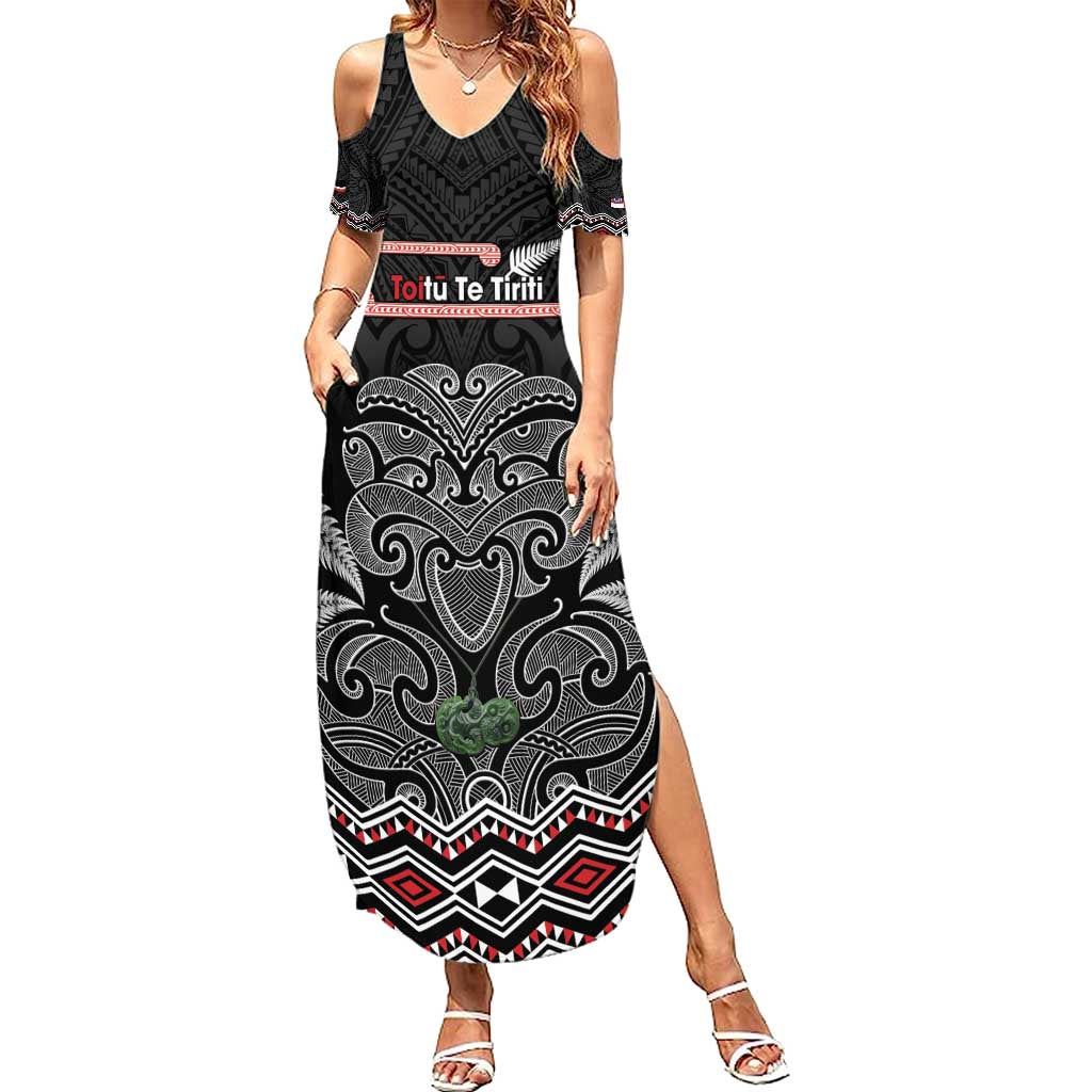Aotearoa Toitu Te Tiriti Family Matching Summer Maxi Dress and Hawaiian Shirt Stand Together! Stand Stronger! - NZ Tiki LT14 Mom's Dress Black - Polynesian Pride